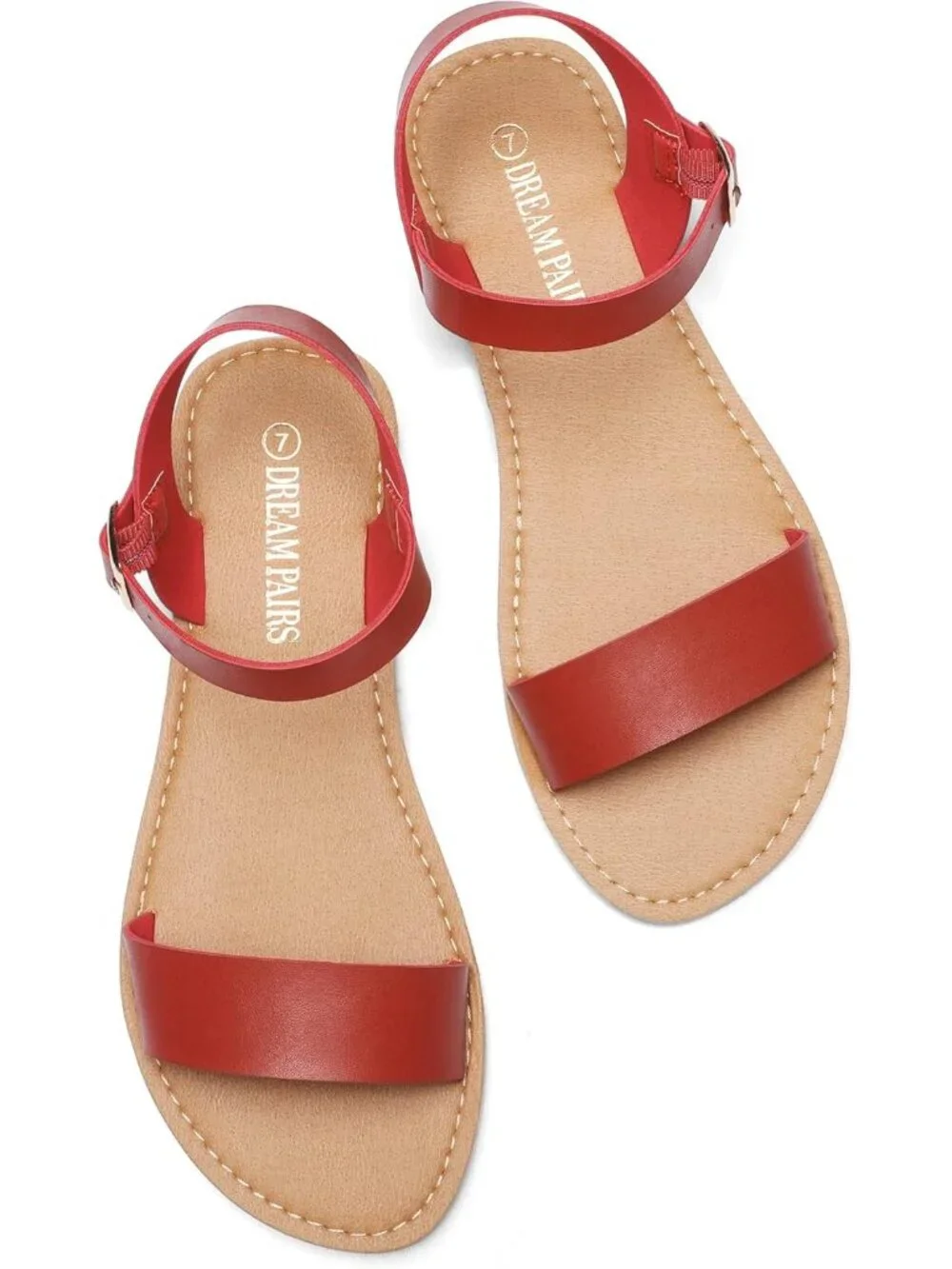 Women Red Flat Sandal Open Toe Ankle Strap Faux Leather Non Slip Shoes